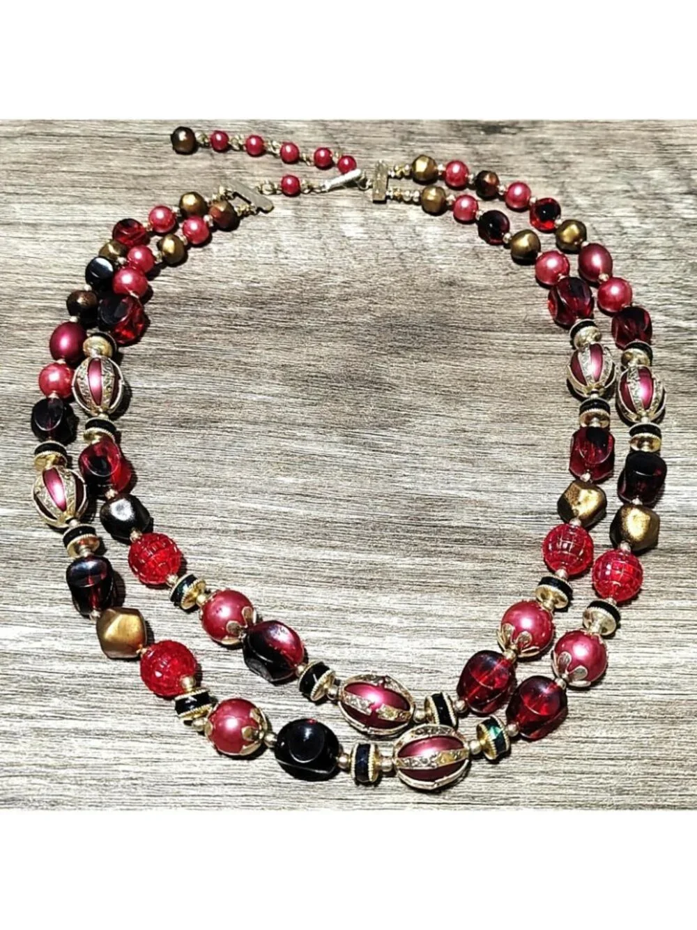 Vtg Vendome Style Red Gold Multicolor Beaded Necklace Double Strand Statement